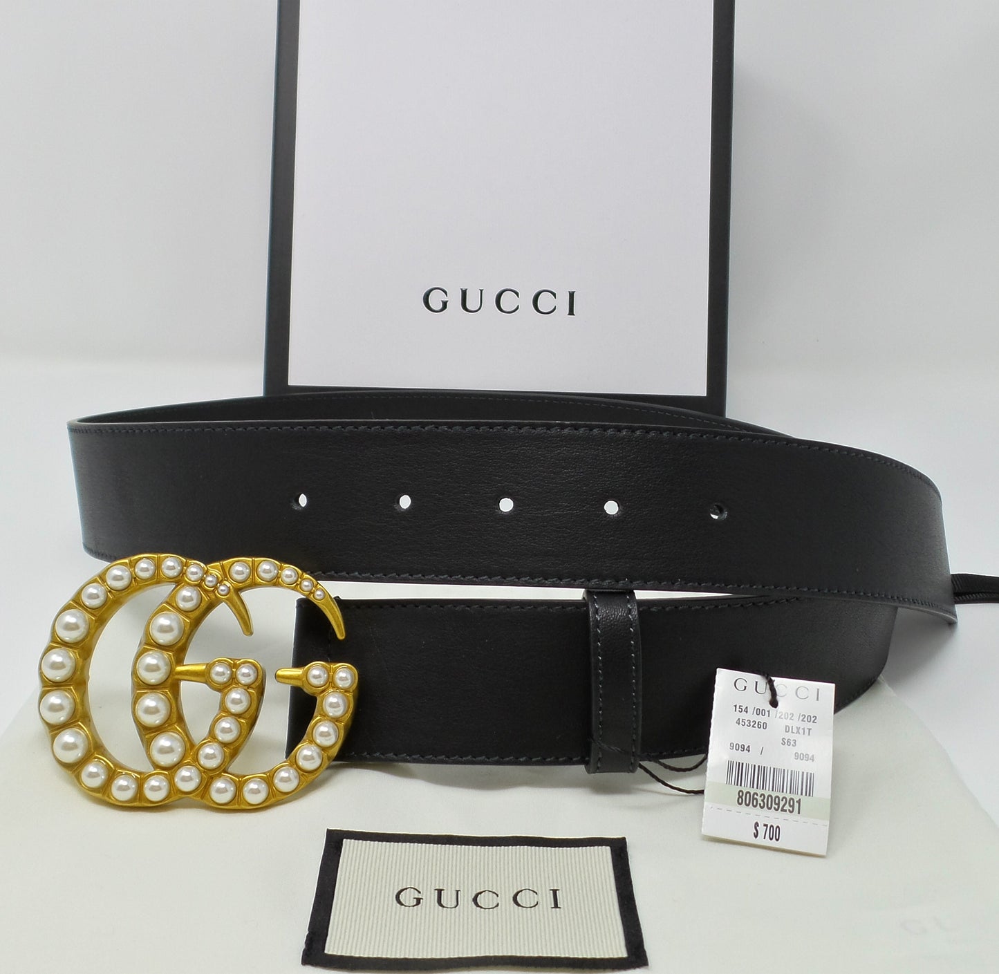 Black Leather Belt With Pearl Brass GG