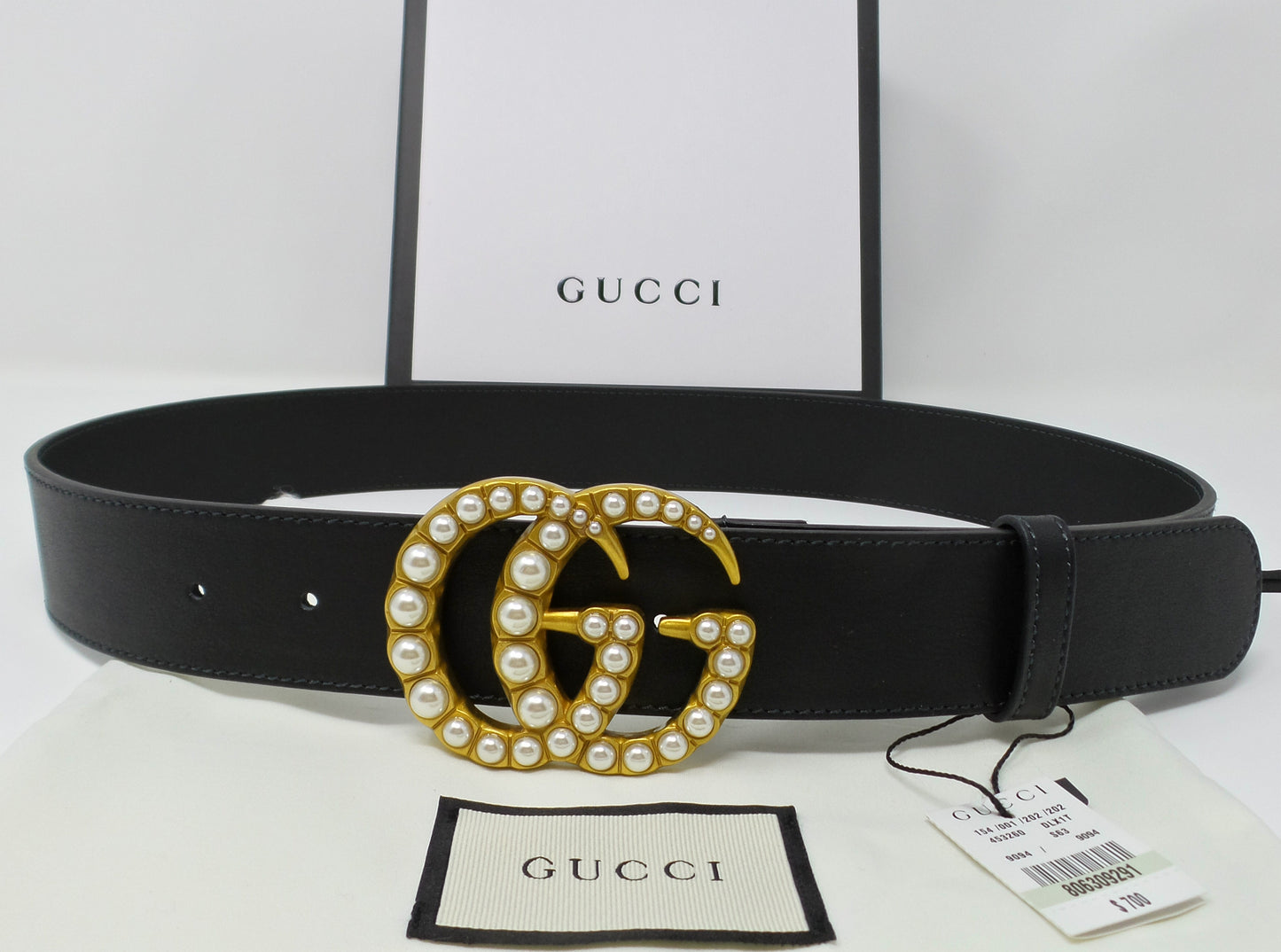 Black Leather Belt With Pearl Brass GG