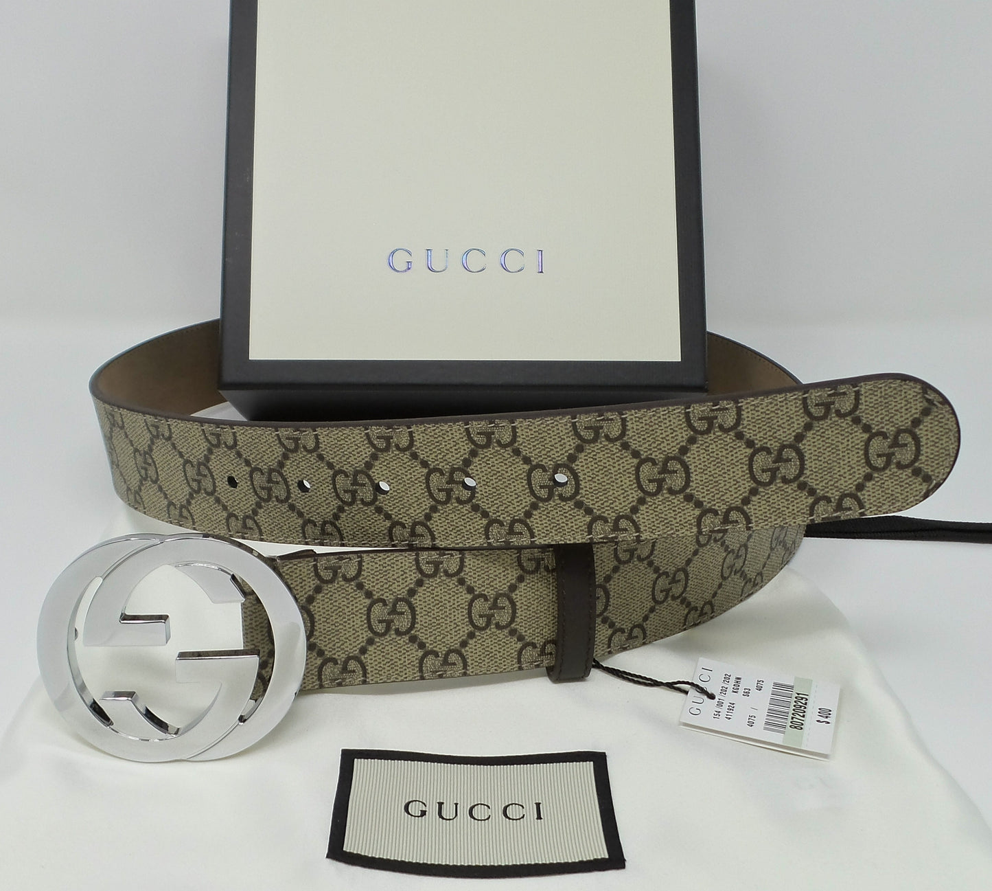 New Beige/Brown Monogram Belt Silver Interlocking G Buckle Classic