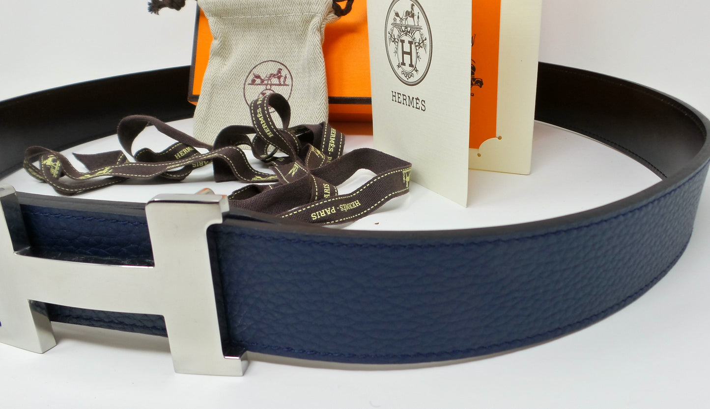 Navy Blue / Black Reversible Belt With Silver Constance Buckle