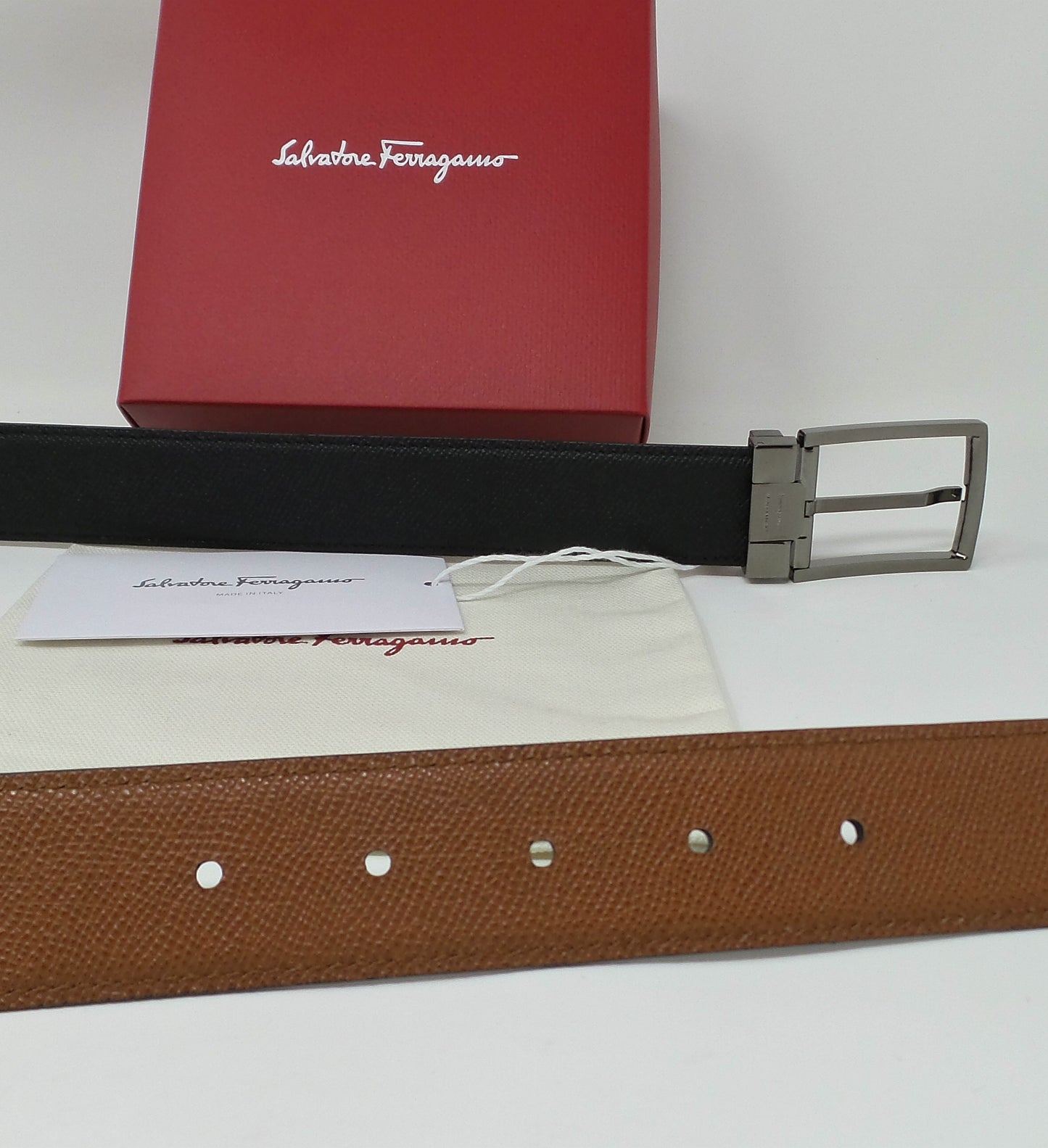 New Reversible Brown / Black Leather Gancini Adjustable Belt