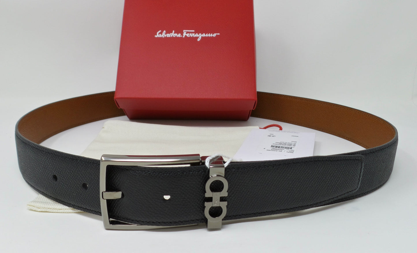 New Reversible Brown / Black Leather Gancini Adjustable Belt