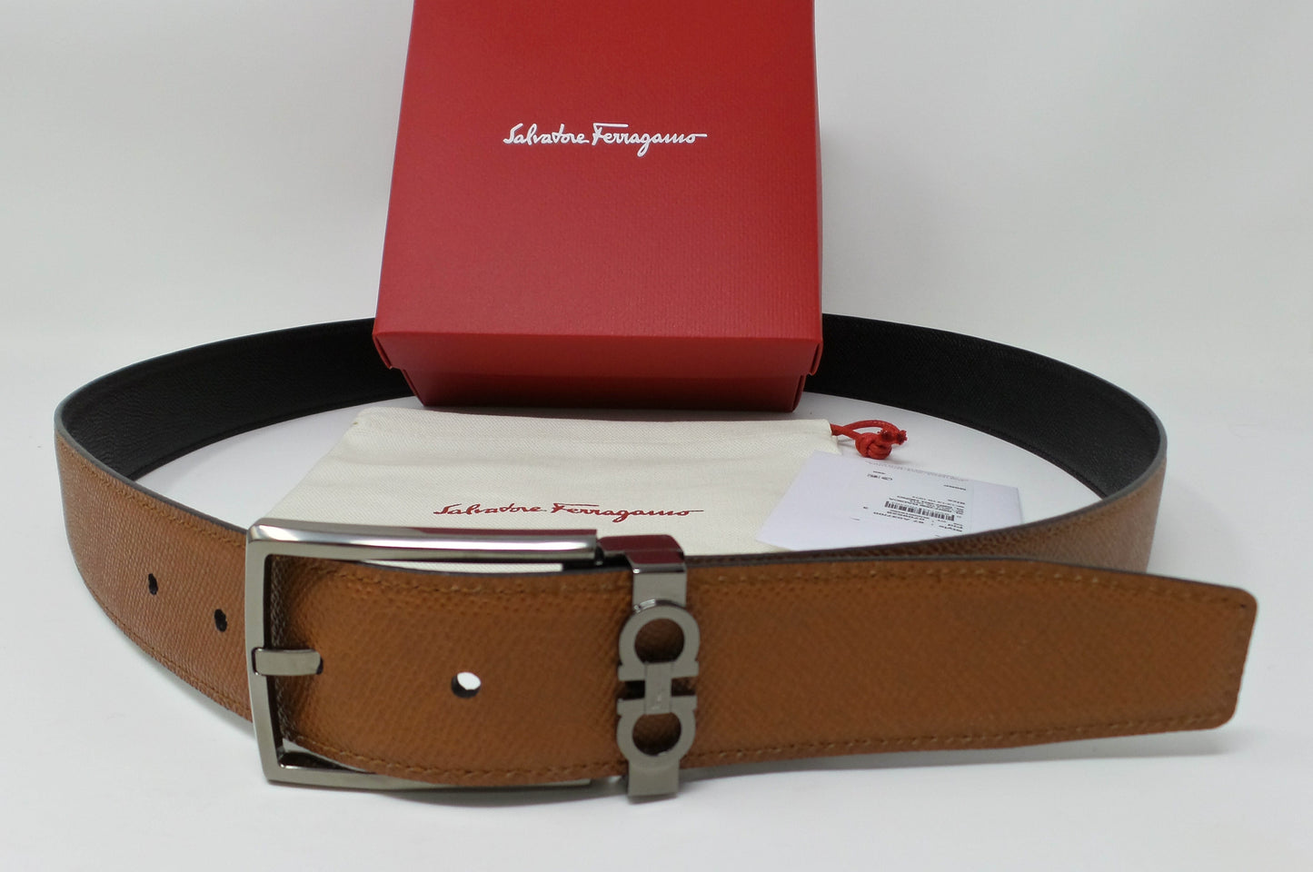 New Reversible Brown / Black Leather Gancini Adjustable Belt