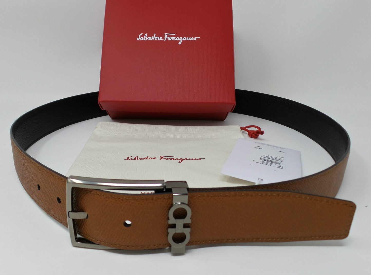 New Reversible Brown / Black Leather Gancini Adjustable Belt