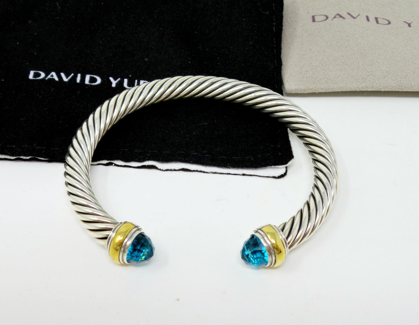 DY Classic Cable Bracelet Sterling Silver And 14k Gold Blue Topaz Gemstone