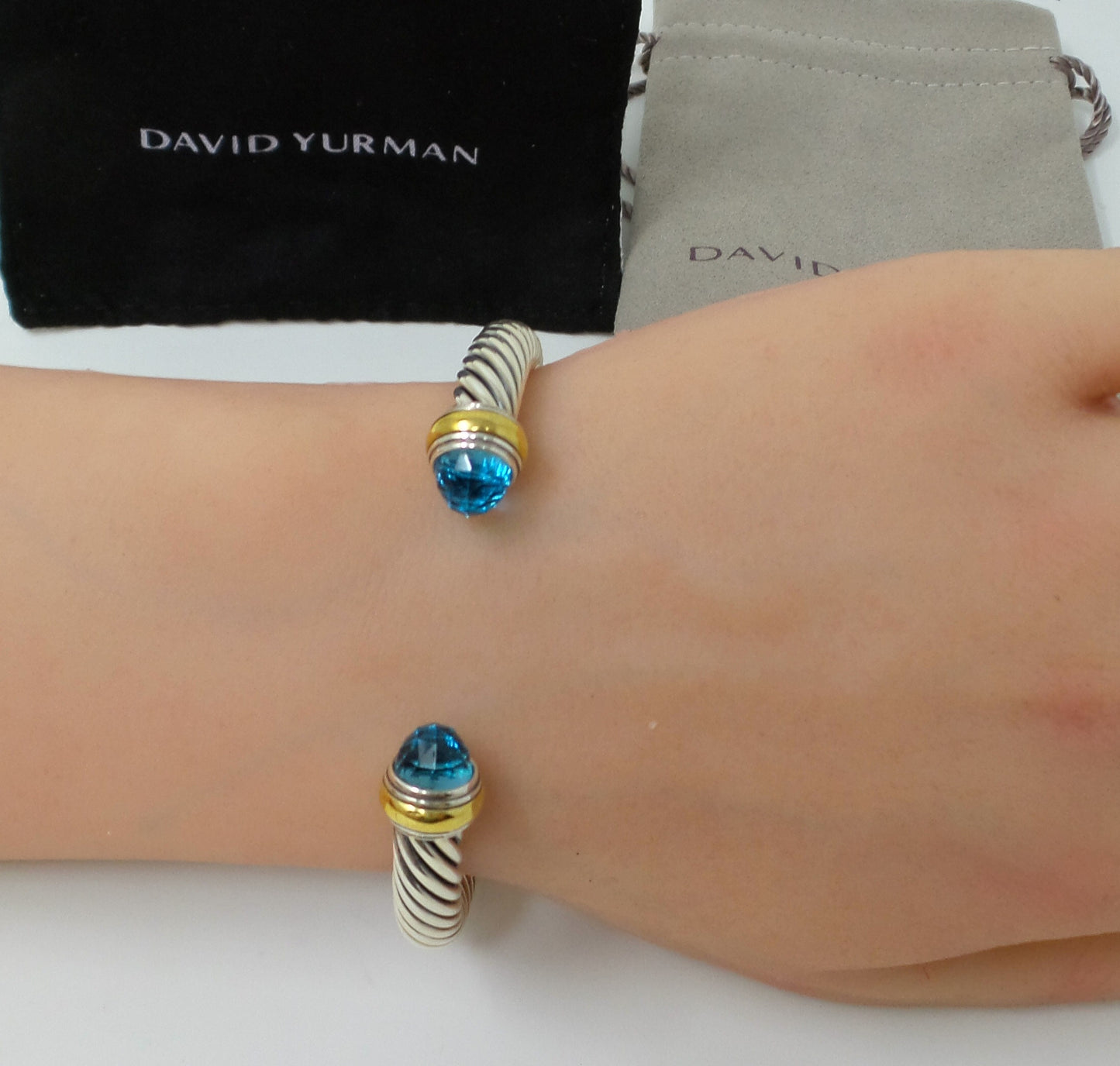 DY Classic Cable Bracelet Sterling Silver And 14k Gold Blue Topaz Gemstone