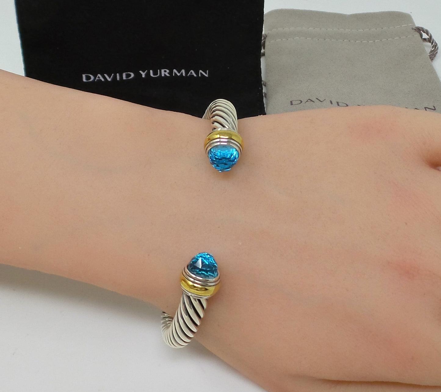 DY Classic Cable Bracelet Sterling Silver And 14k Gold Blue Topaz Gemstone