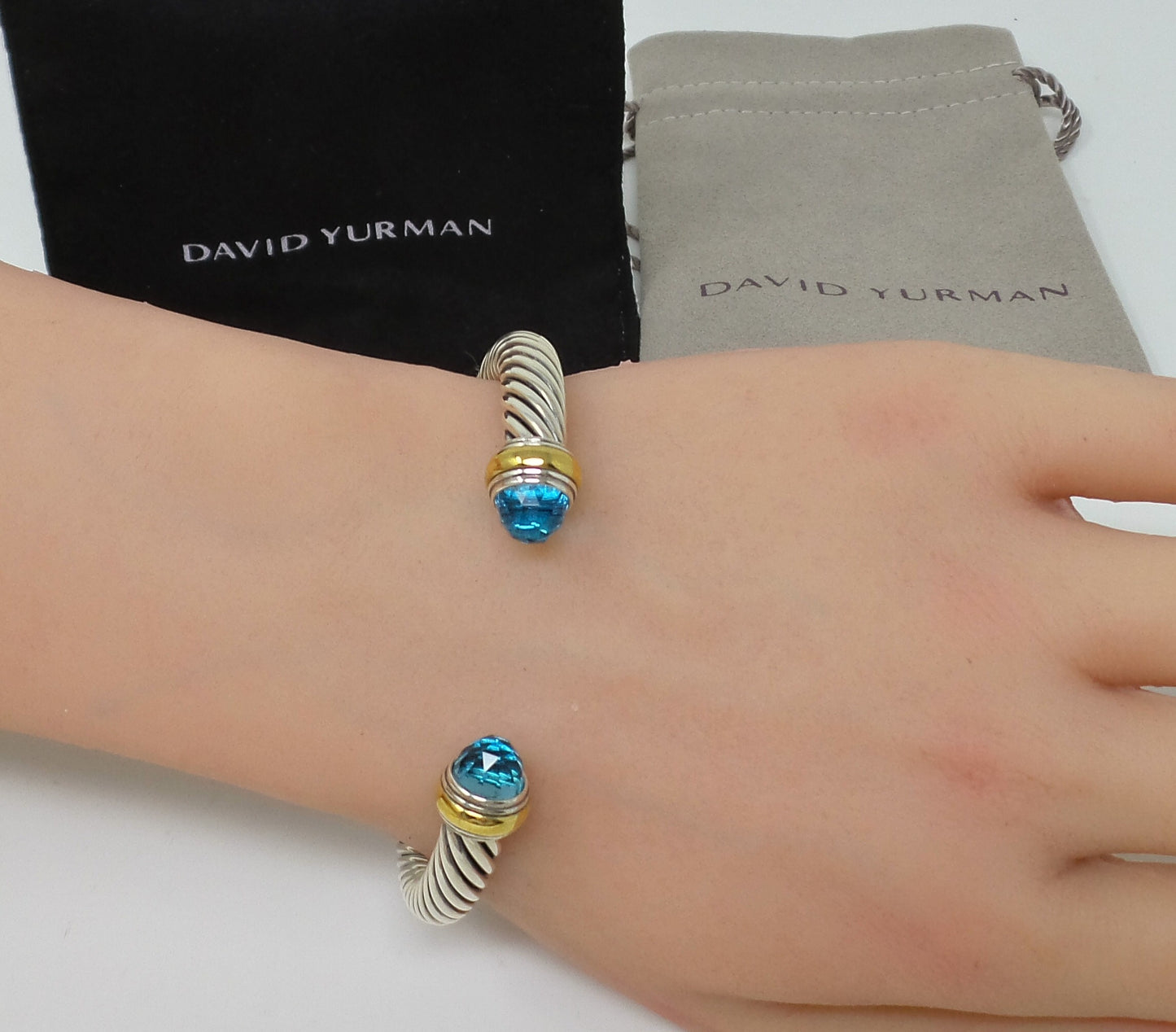 DY Classic Cable Bracelet Sterling Silver And 14k Gold Blue Topaz Gemstone