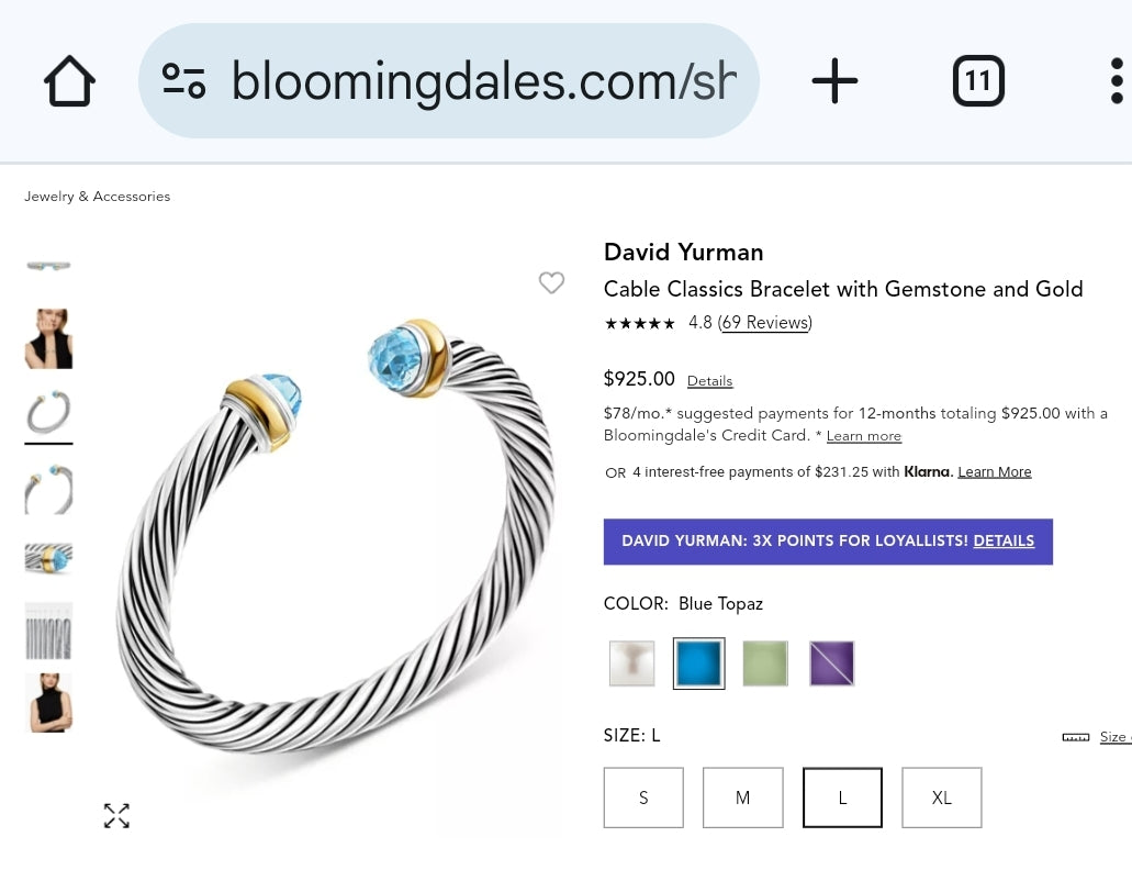 DY Classic Cable Bracelet Sterling Silver And 14k Gold Blue Topaz Gemstone