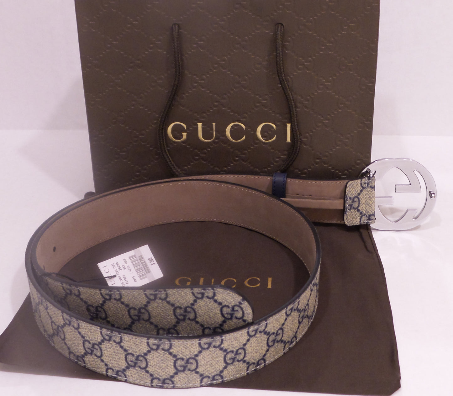 New Beige/Blue Monogram Belt Silver Buckle Classic