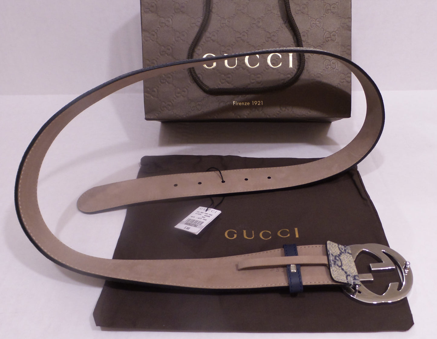 New Beige/Blue Monogram Belt Silver Buckle Classic
