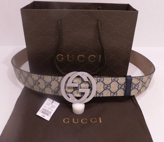 New Beige/Blue Monogram Belt Silver Buckle Classic
