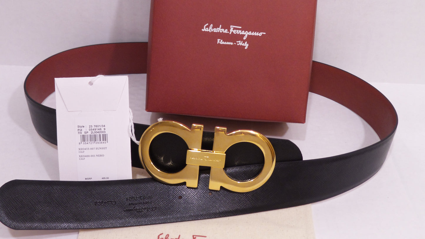 New Black Red Reversible Belt With Big Gold Buckle