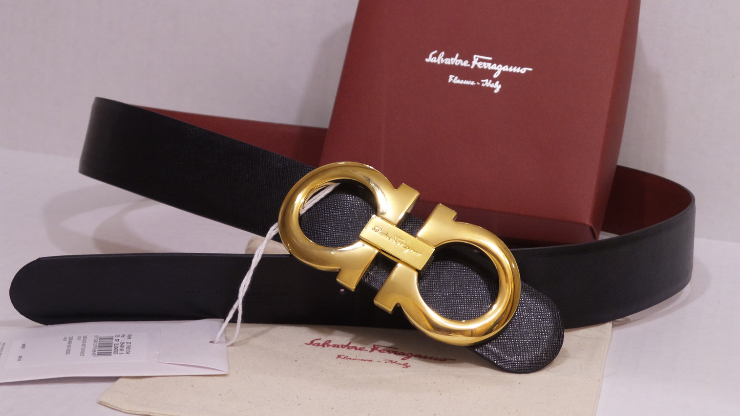 New Black Red Reversible Belt With Big Gold Buckle