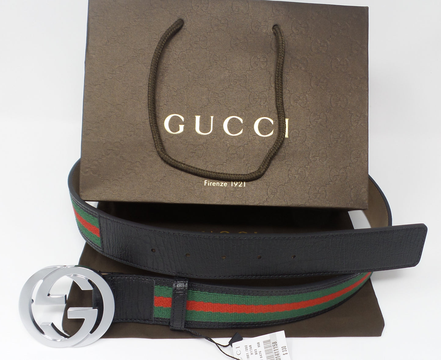 New Black Leather Belt Green Red Green Stripes
