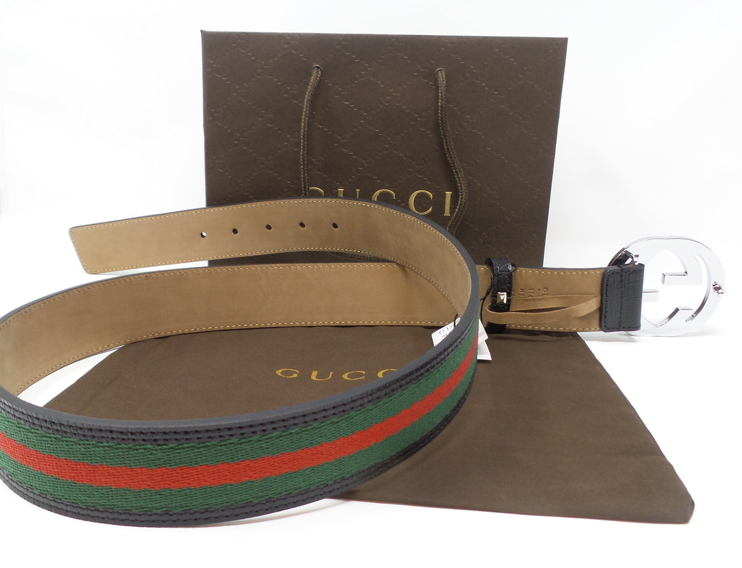 New Black Leather Belt Green Red Green Stripes