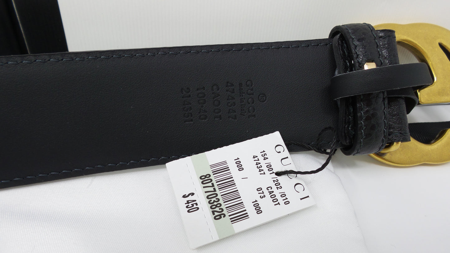 Black Leather Belt New Style Interlocking Brass GG