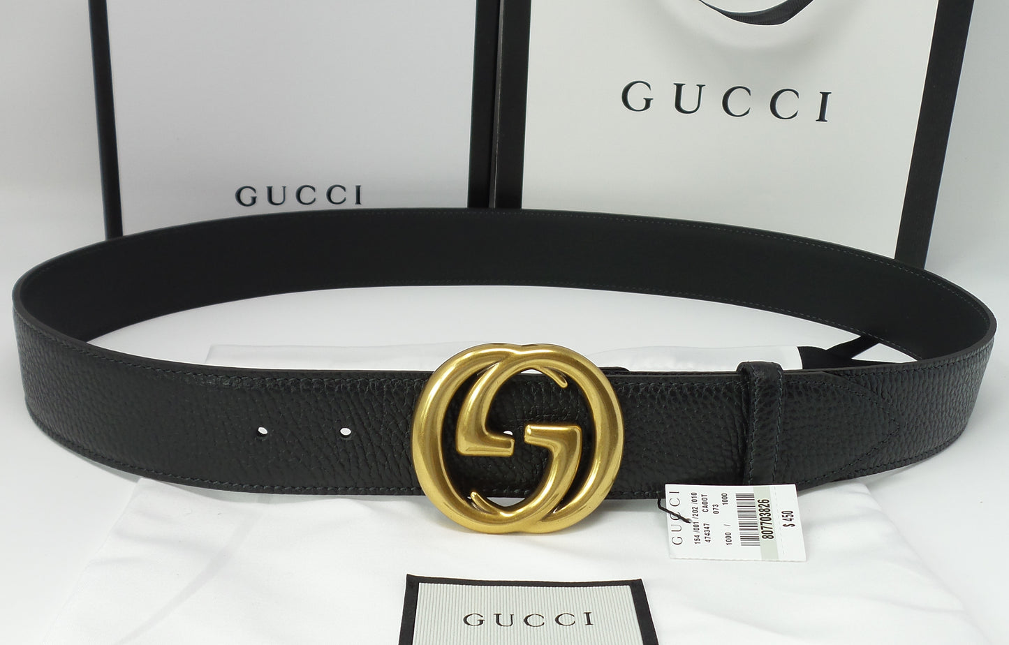 Black Leather Belt New Style Interlocking Brass GG