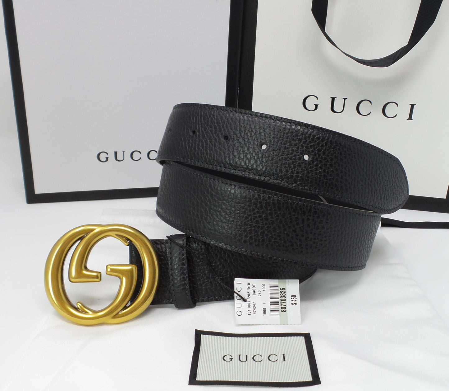 Black Leather Belt New Style Interlocking Brass GG