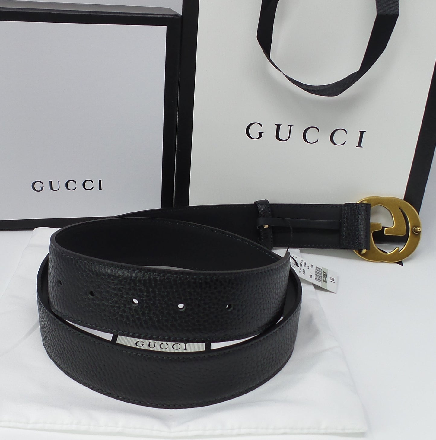 Black Leather Belt New Style Interlocking Brass GG