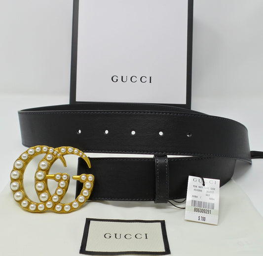 Black Leather Belt With Pearl Brass GG