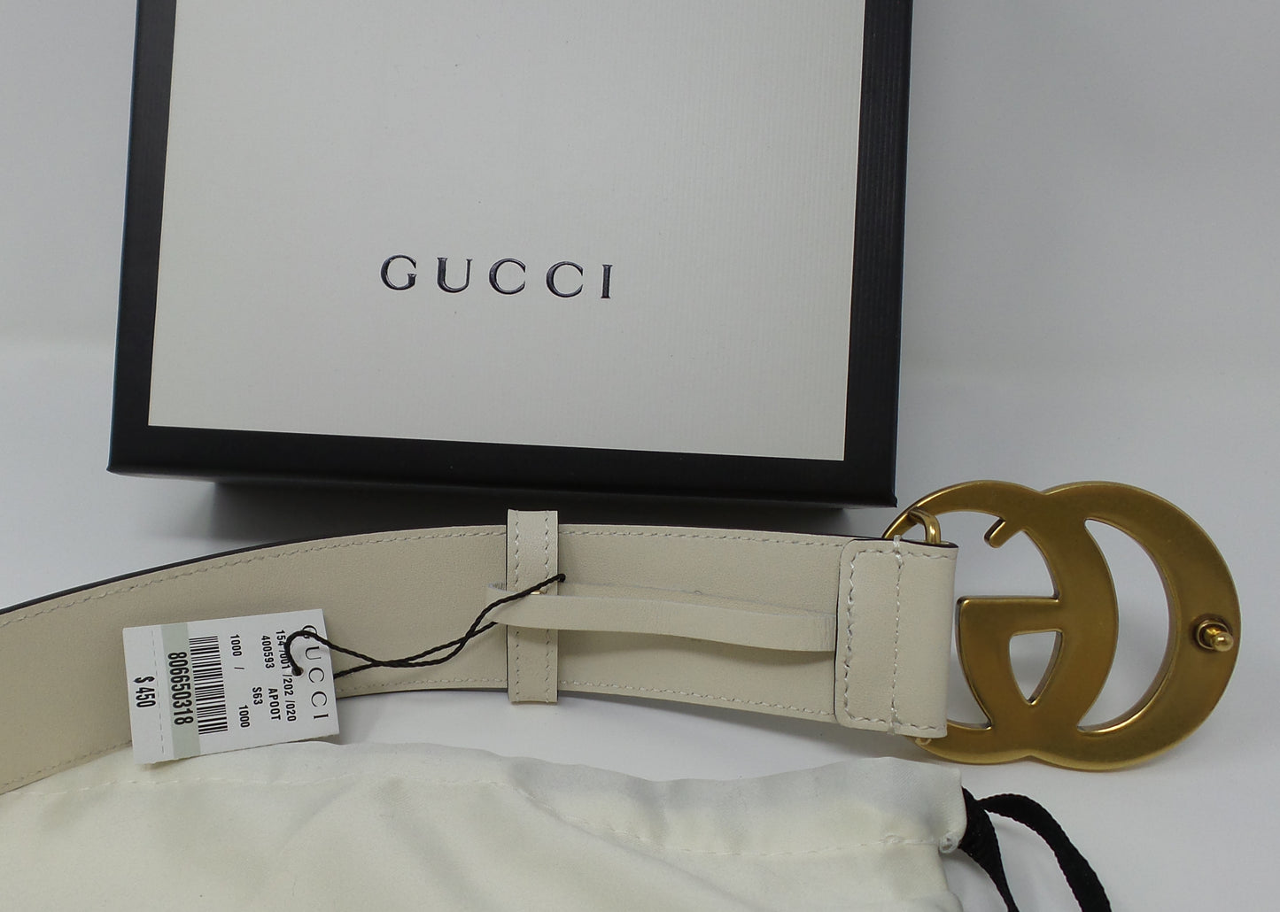New White Leather Marmont Belt 1.5" Strap Gold Brass
