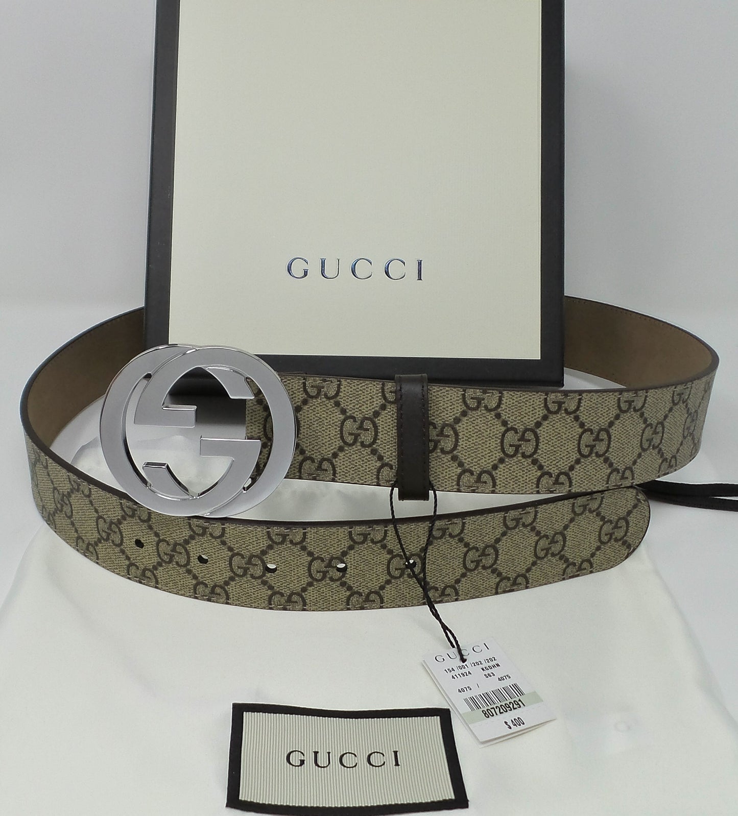 New Beige/Brown Monogram Belt Silver Interlocking G Buckle Classic