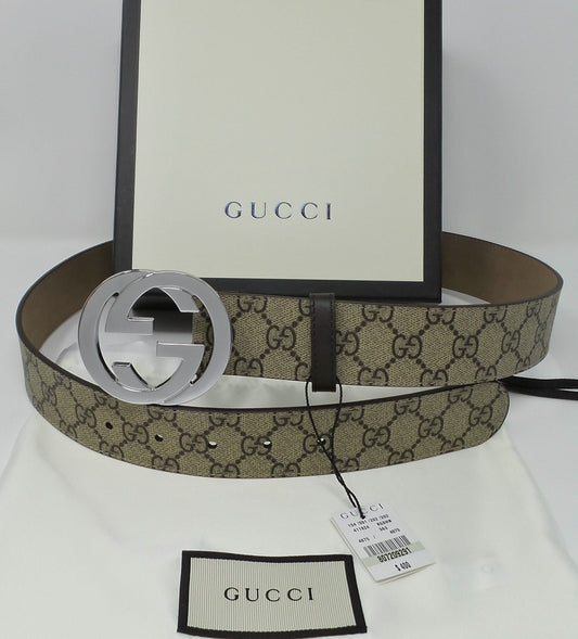 New Beige/Brown Monogram Belt Silver Interlocking G Buckle Classic