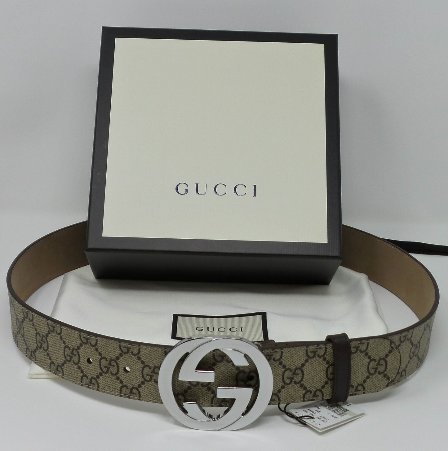 New Beige/Brown Monogram Belt Silver Interlocking G Buckle Classic