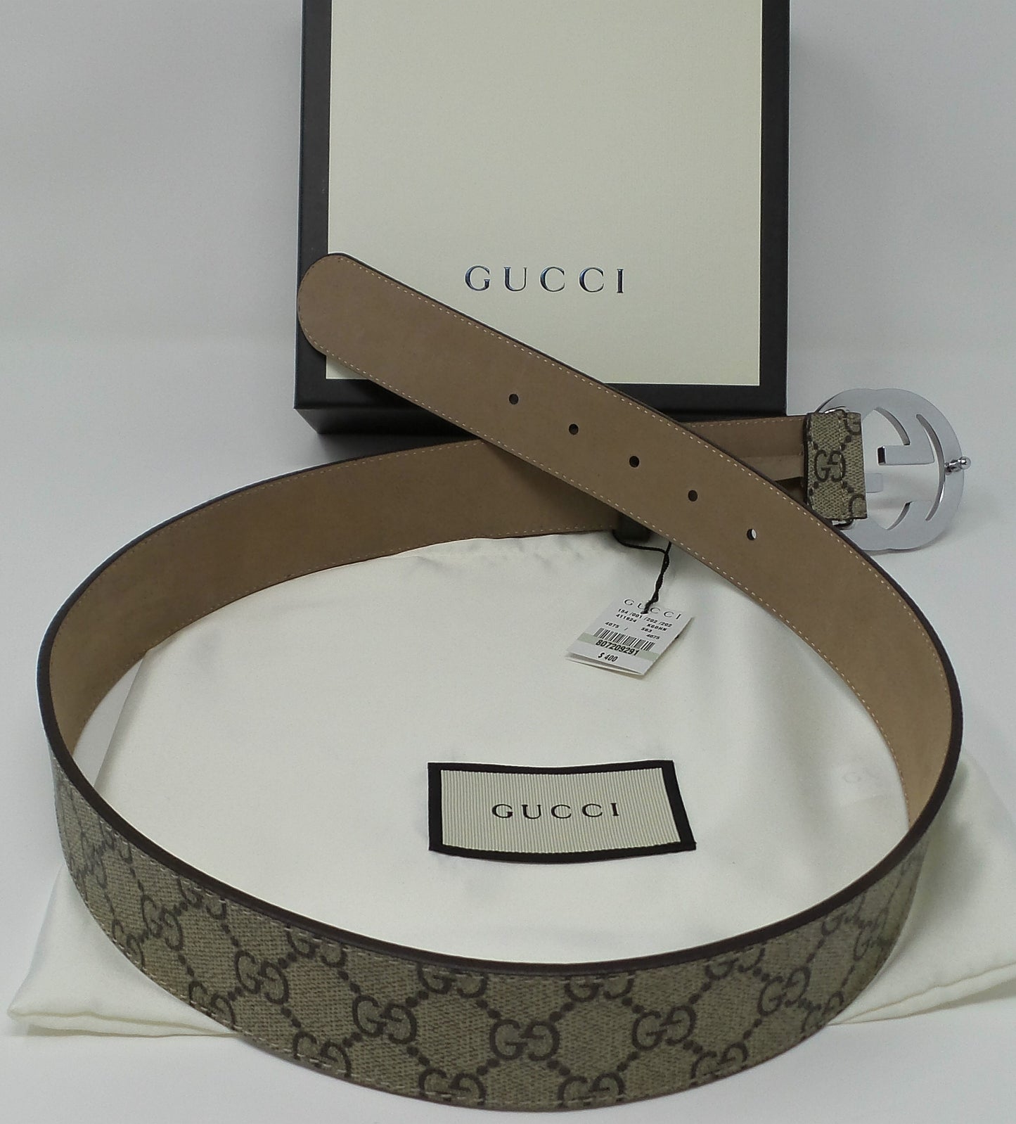 New Beige/Brown Monogram Belt Silver Interlocking G Buckle Classic