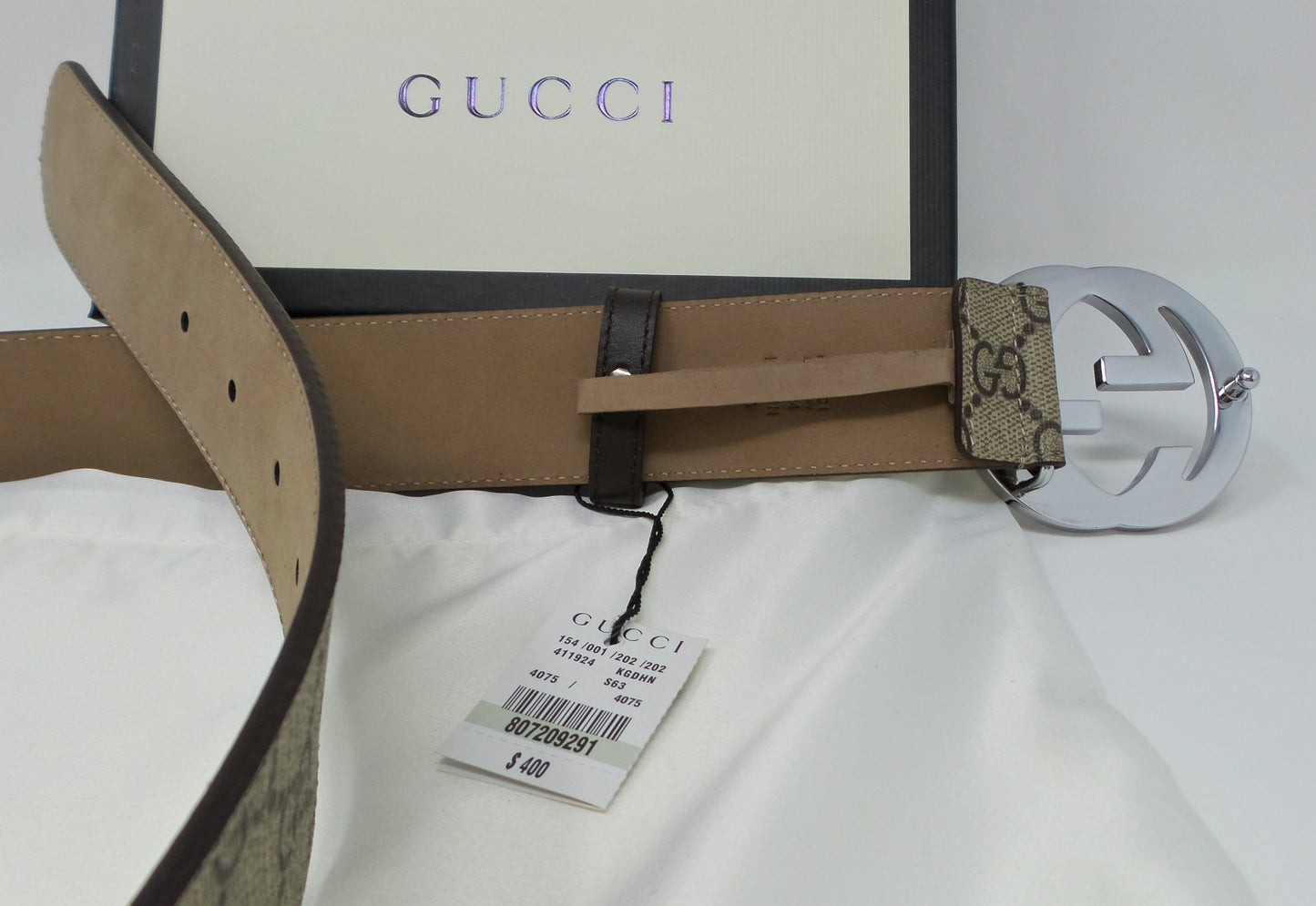New Beige/Brown Monogram Belt Silver Interlocking G Buckle Classic