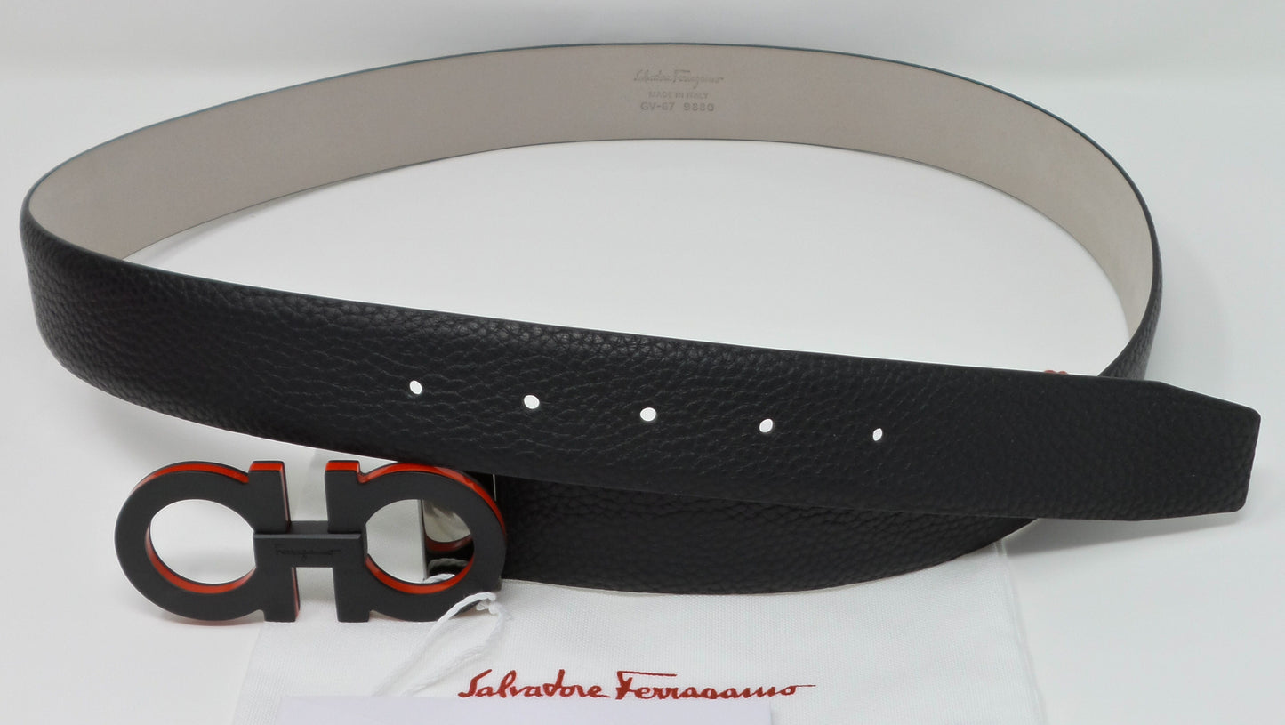 New Adjustable Gancini Belt Black Leather Unisex Black / Red Medium Buckle