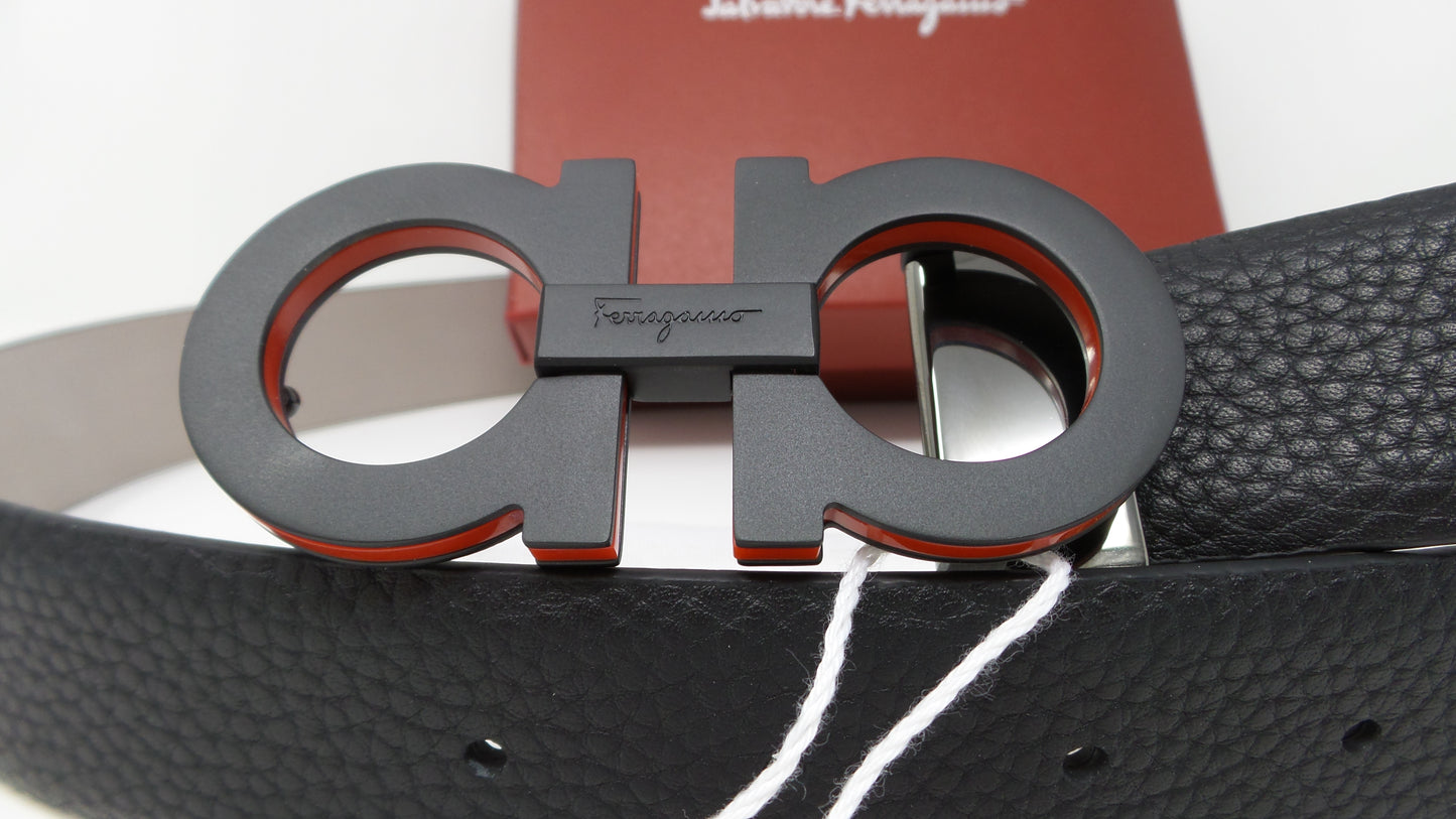 New Adjustable Gancini Belt Black Leather Unisex Black / Red Medium Buckle