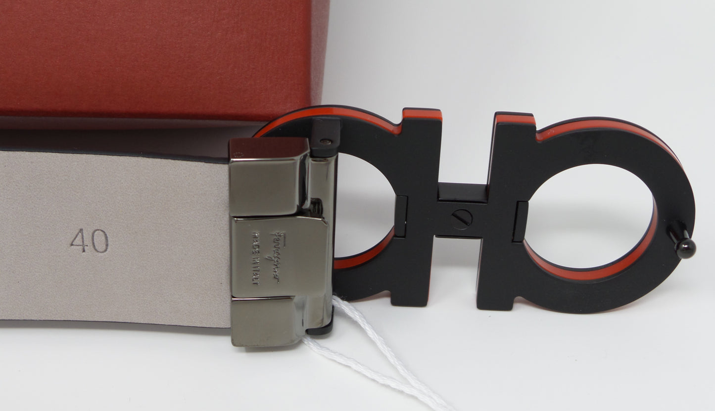 New Adjustable Gancini Belt Black Leather Unisex Black / Red Medium Buckle