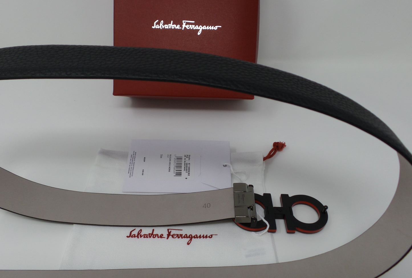 New Adjustable Gancini Belt Black Leather Unisex Black / Red Medium Buckle