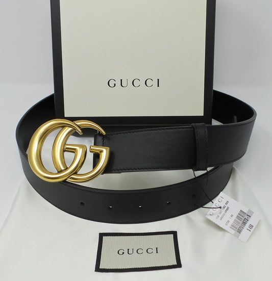 Unisex Marmont Black Leather Belt Gold Brass GG