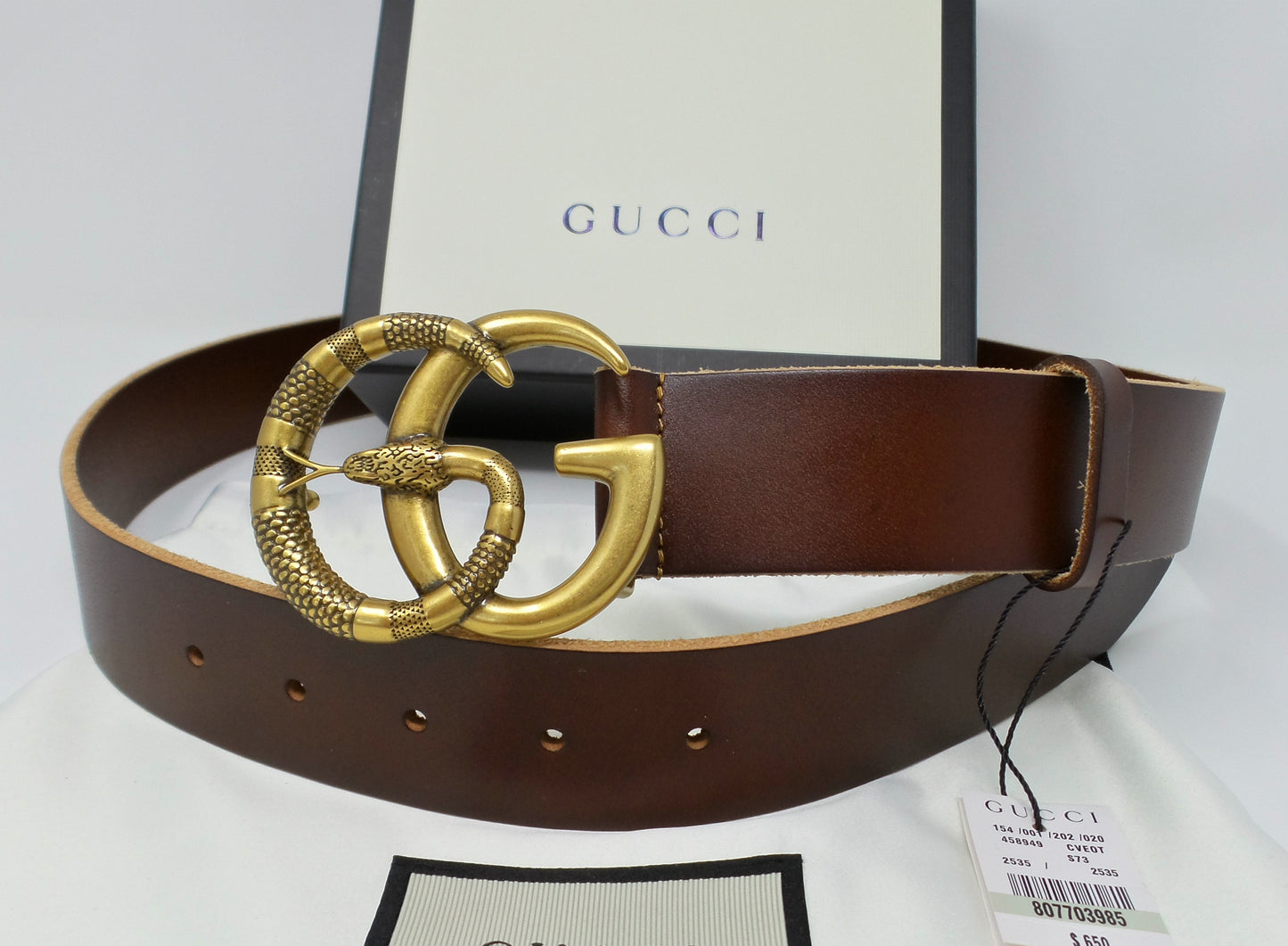 New Brown Leather Belt Snake Marmont Buckle