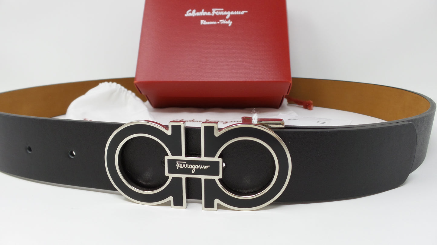 Gancini Medium Buckle Belt Adjustable Black Leather