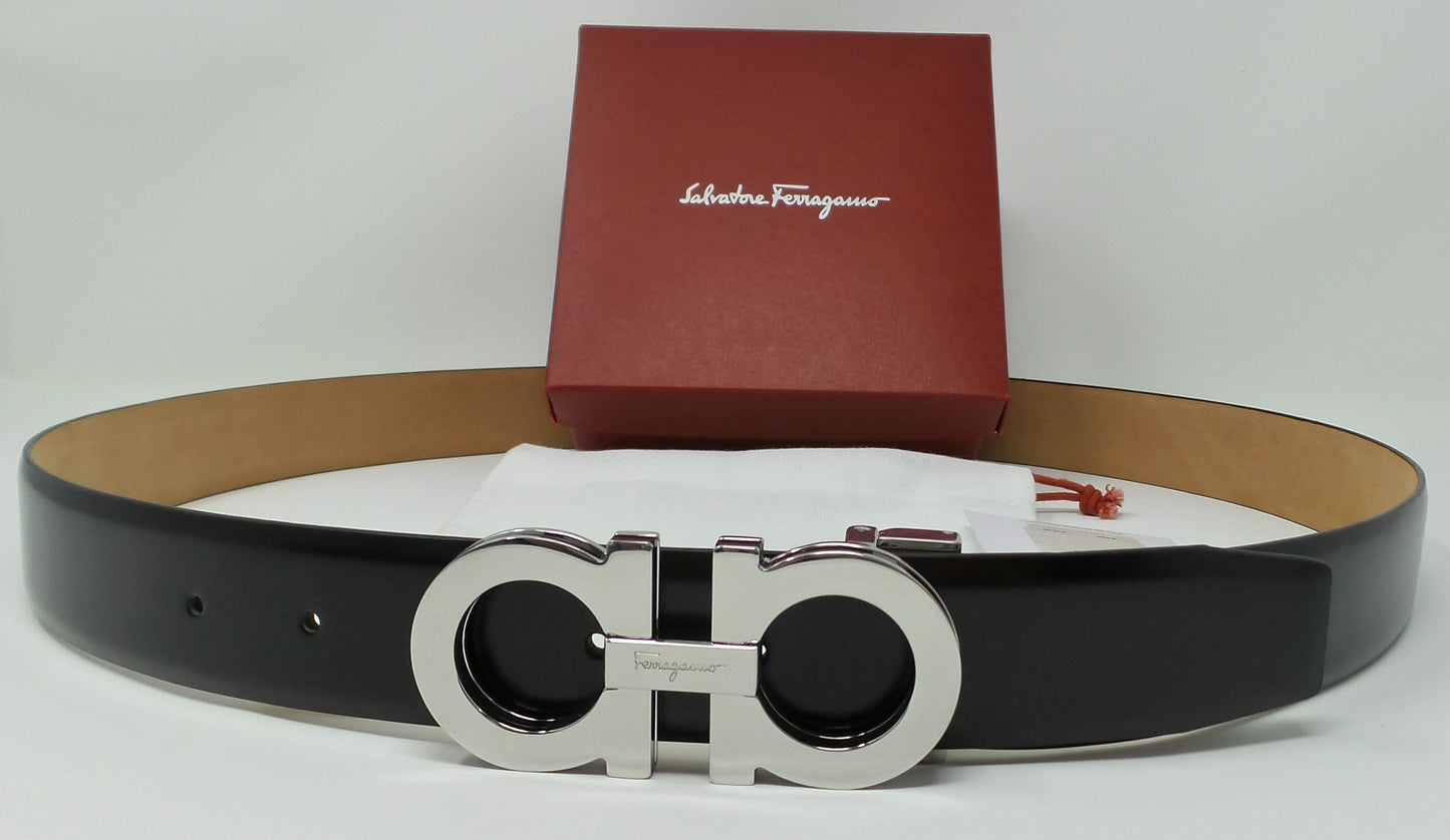 Adjustable Gancini Belt Silver / Black Medium Size Buckle