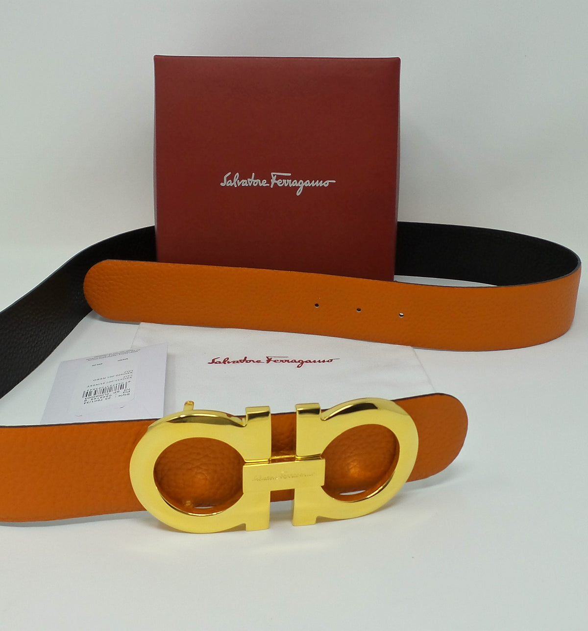 Reversible Belt Orange / Black Large Gold Gancini Buckle  display picture 2