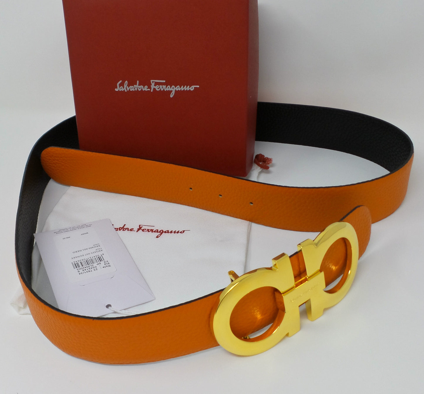 Reversible Belt Orange / Black Large Gold Gancini Buckle