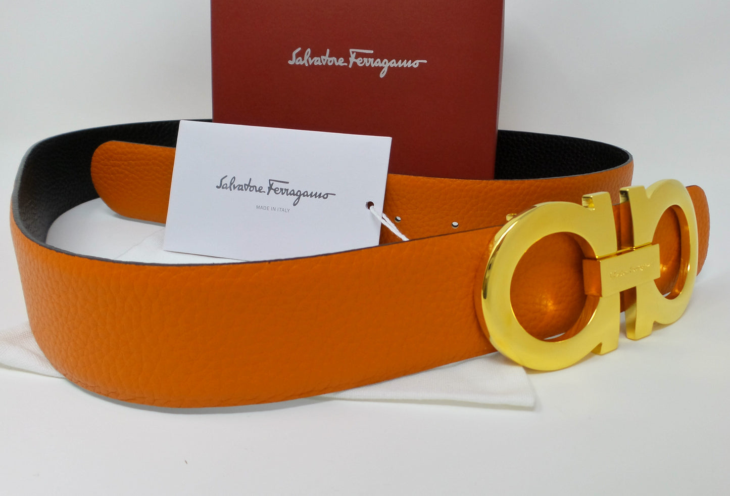 Reversible Belt Orange / Black Large Gold Gancini Buckle