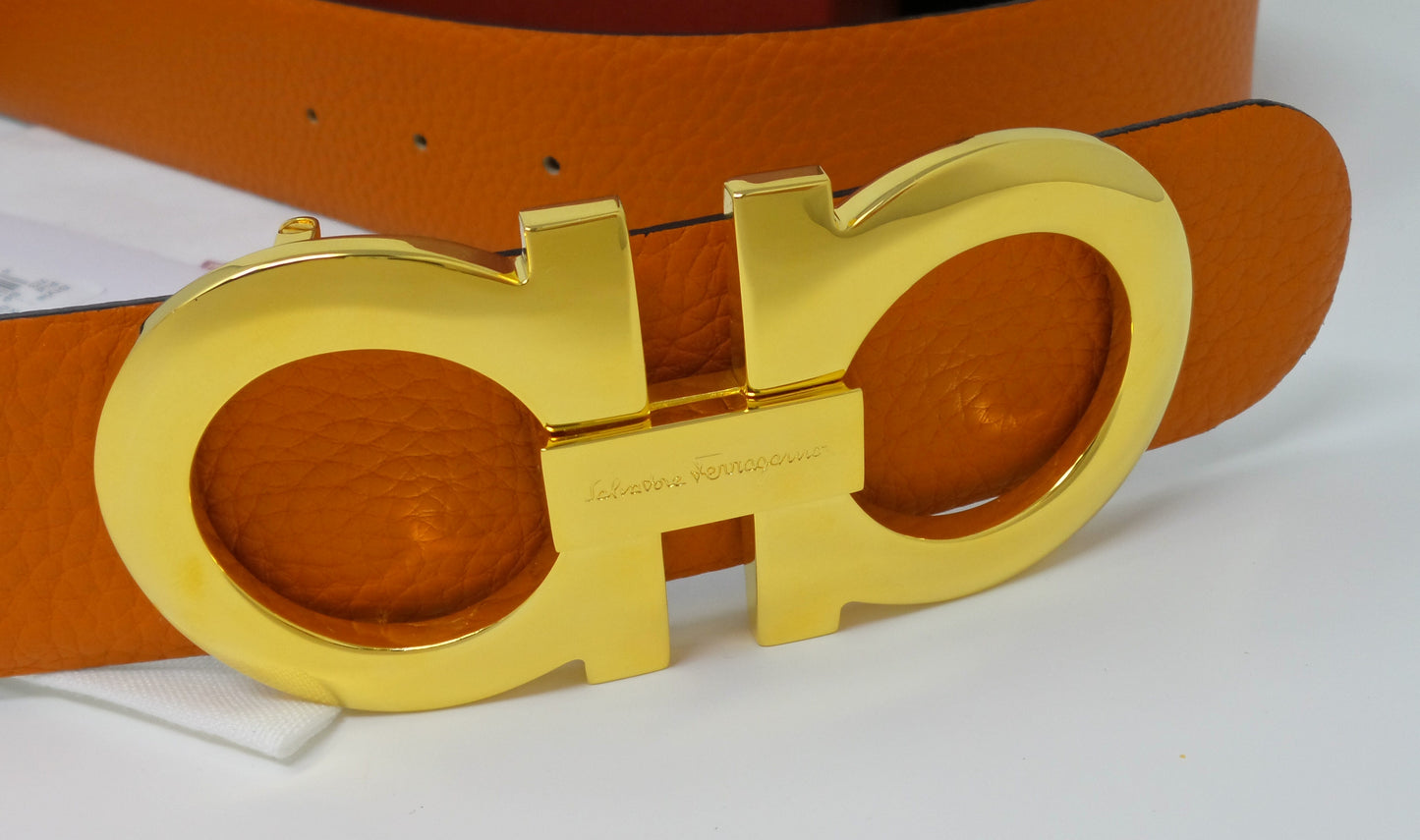Reversible Belt Orange / Black Large Gold Gancini Buckle