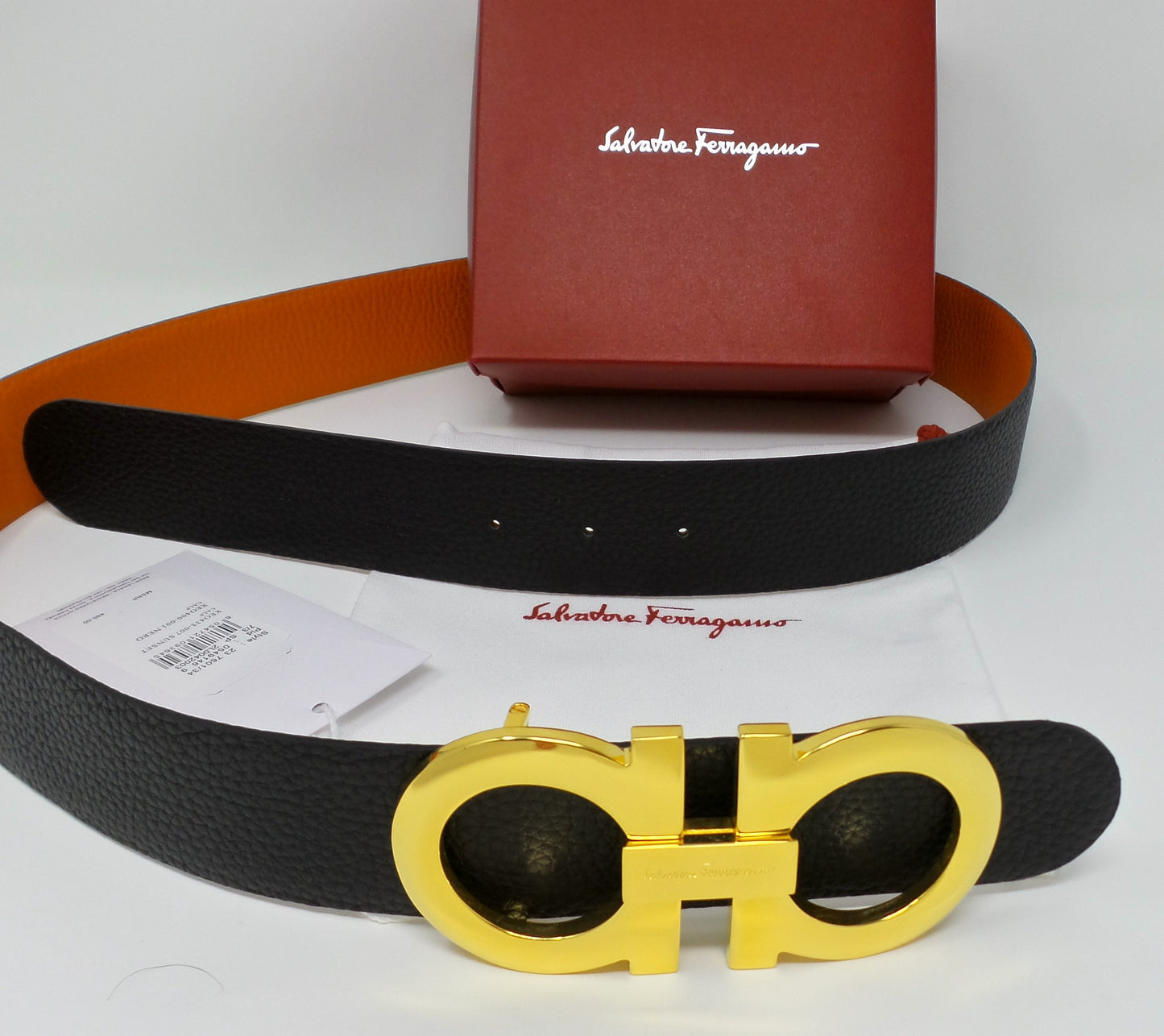 Reversible Belt Orange / Black Large Gold Gancini Buckle