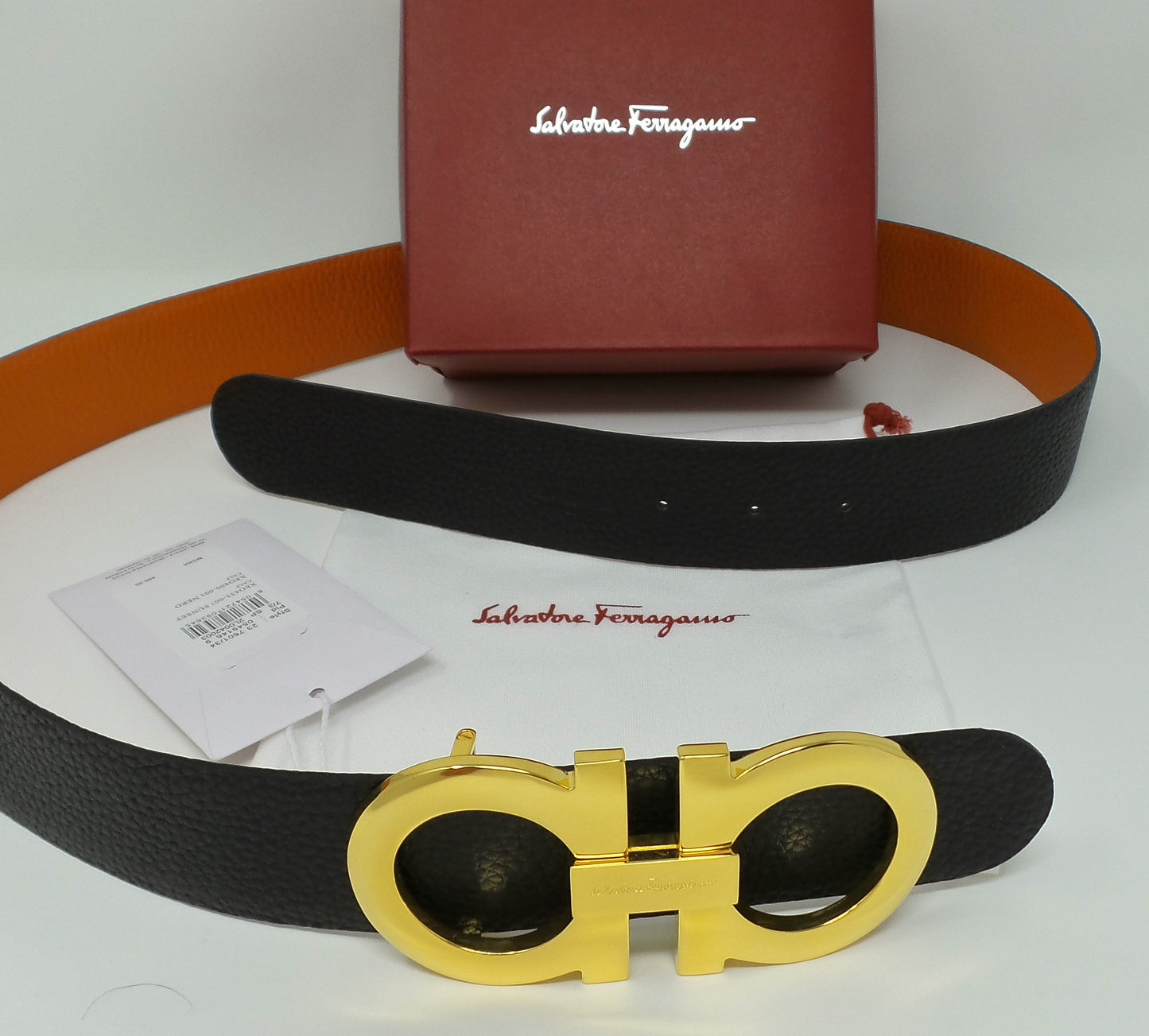Reversible Belt Orange / Black Large Gold Gancini Buckle