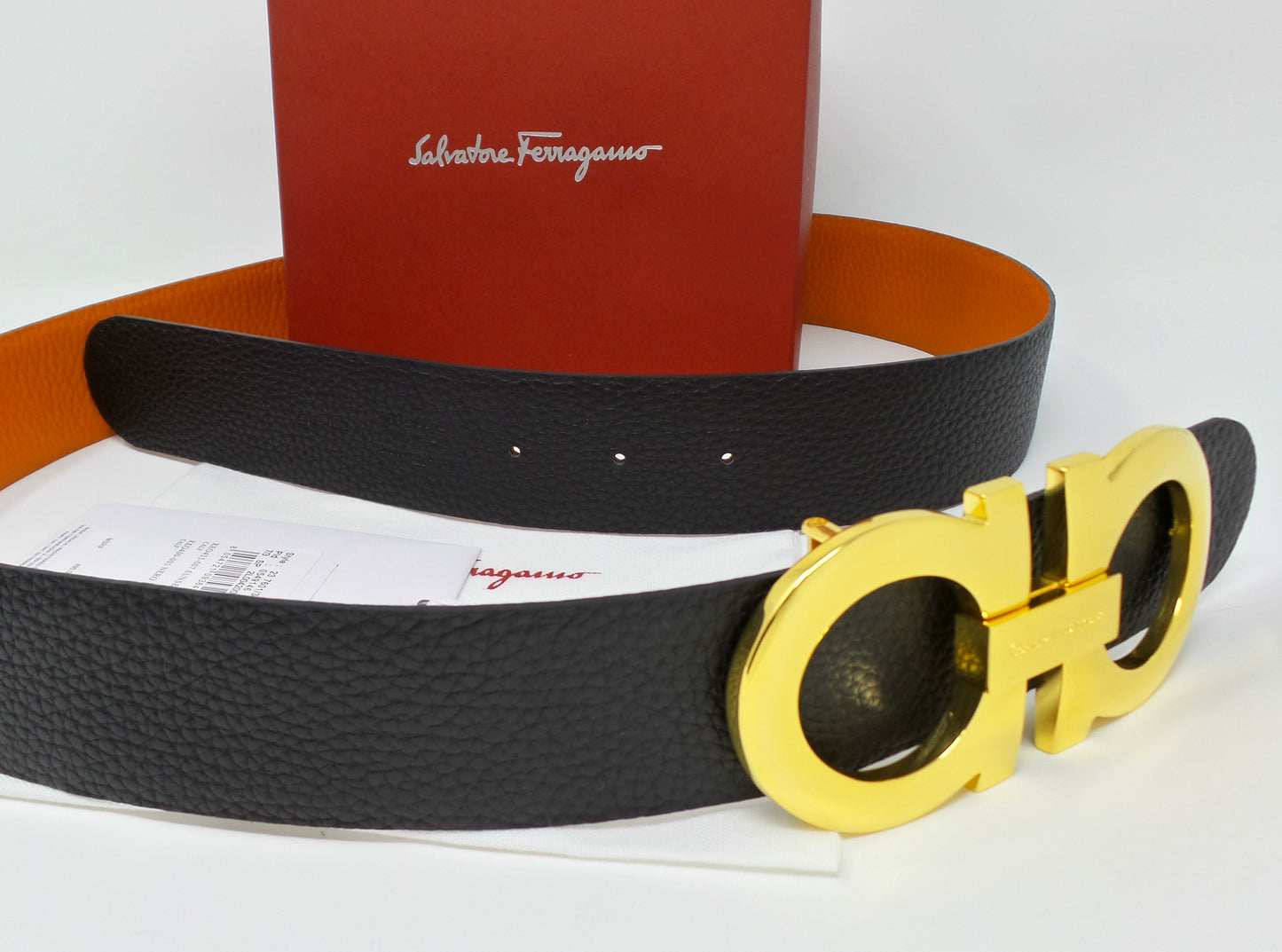 Reversible Belt Orange / Black Large Gold Gancini Buckle