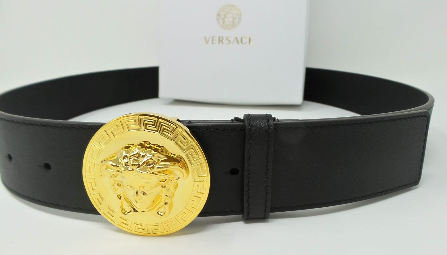 Gold Medusa Round Buckle Belt Black Leather