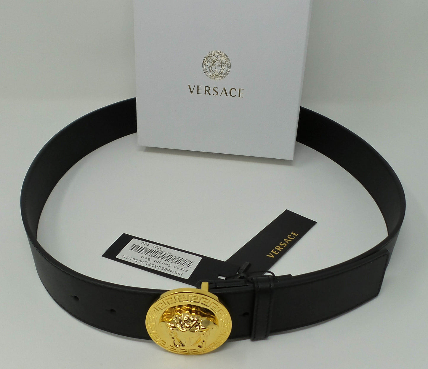 Gold Medusa Round Buckle Belt Black Leather