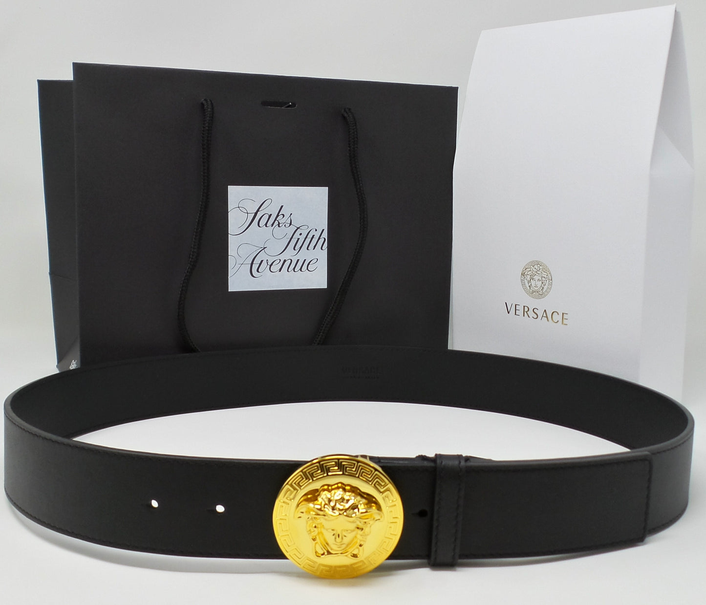 Gold Medusa Round Buckle Belt Black Leather