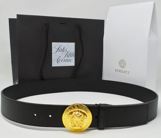 Gold Medusa Round Buckle Belt Black Leather